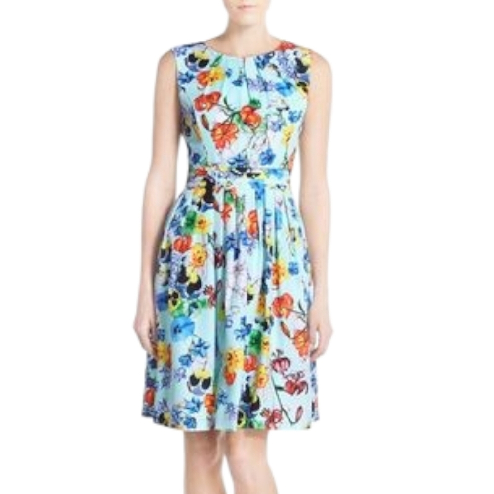 ELLEN TRACY Aqua Multi Pleat Floral Print Twill Fit-and-Flair Dress Womens Sz 10